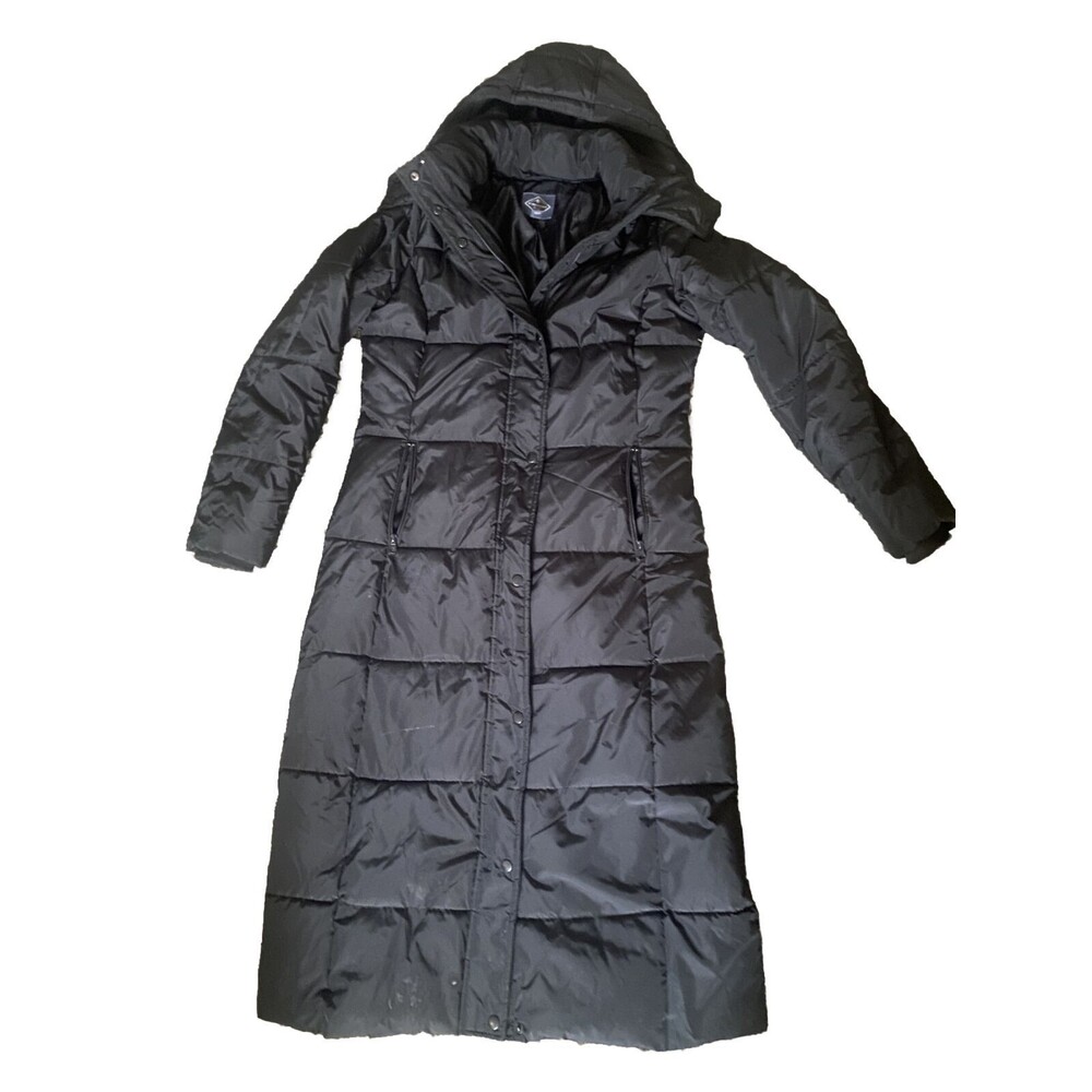 Black Puffer Snap Zip Coat FauxFur Snap Button Hood Warm Winter SM Ankle Length